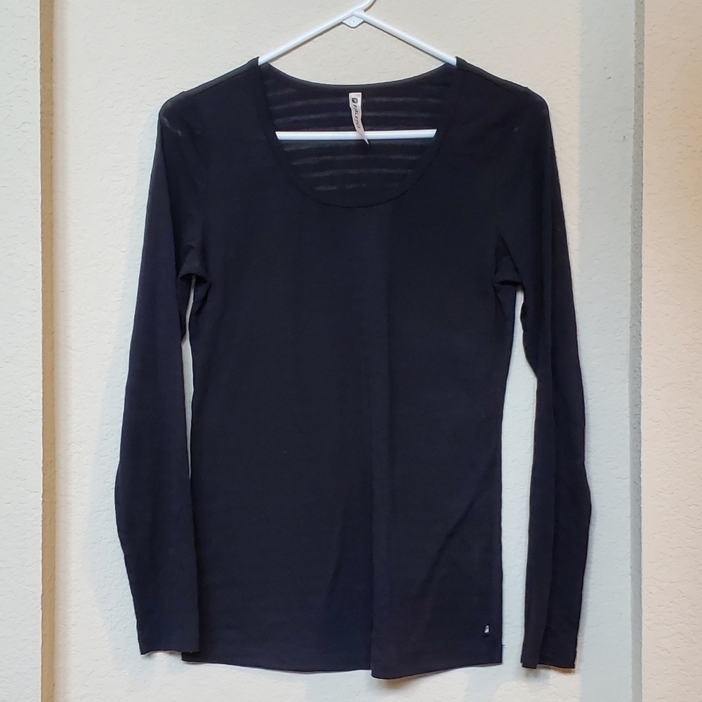 Fabletics Black Long Sleeve V Tee Shirt Sheer Striped Size S